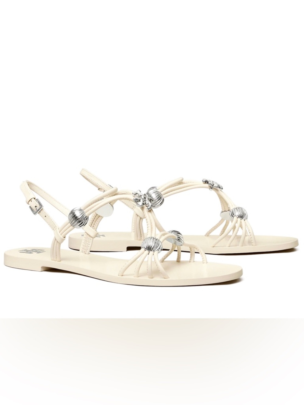 TORY BURCH CAPRI SANDAL MULTI STRAP IVORY LEATHER SILVER BEAD/LOGO SIZE 9